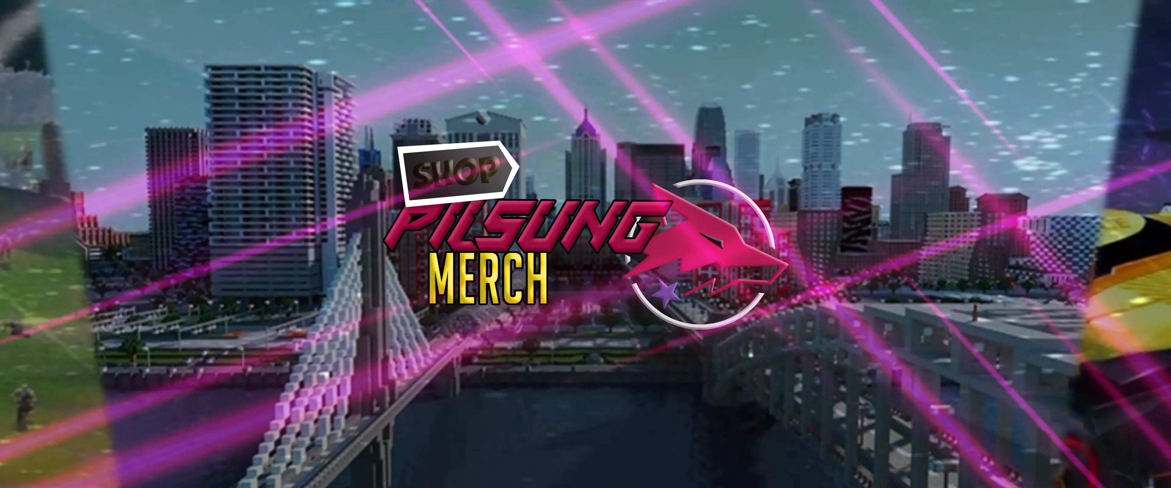 Pilsung Merch shop logo over a city skyline with pink lasers